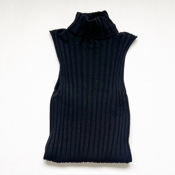 2/25 J Crew Mockneck sweater-tank Black Ribbed Stretchy Medium wool blend office - Picture 2 of 4